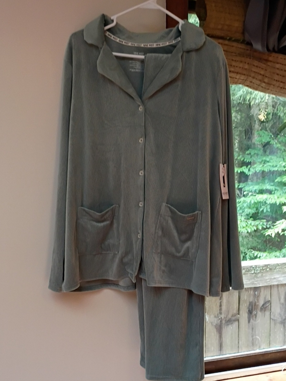 Nine West Sage Green Velvet-Texture Button-Front Pajama Set
